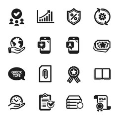 Set of Technology icons, such as Weather phone, Loan percent. Certificate, approved group, save planet. Cogwheel, Loyalty points, Book. Ab testing, Recovery server, Safe time. Vector