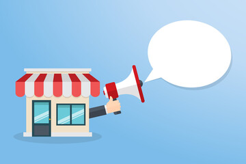 Hand Holding Megaphone And Small Business Storefront. Retail Flat Design Icon. Vector Illustration.