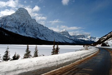 Icefields Parkway leading to Columbia Icefield in Canadian Rocky Mountains between Banff and Jasper National Park in Alberta Canada