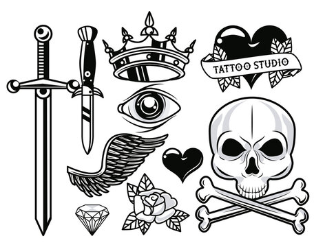 set of monochrome tattoos studio graphics