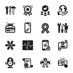Set of Technology icons, such as Sharing economy, Repairman. Certificate, approved group, save planet. Augmented reality, Smartphone broken, Puzzle. Spanner tool, Cogwheel blueprint, Seo phone. Vector