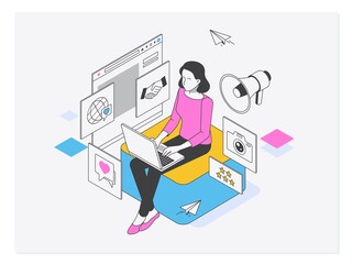 Social media manager or influencer at work.Macromarketing, social influence, global marketing strategy concept. Isometric vector isolated illustration