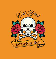 skull head with bones crossed and roses flowers tattoo studio graphic