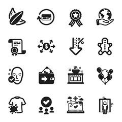 Fototapeta premium Set of Business icons, such as Dirty t-shirt, Refund commission. Certificate, approved group, save planet. Airplane travel, Gingerbread man, Elevator. Dollar exchange, Balloons, Wallet. Vector