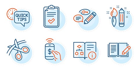 Phone payment, Keywords and Technical algorithm signs. Quick tips, Checklist and Feedback line icons set. Scissors, Creativity symbols. Helpful tricks, Survey. Education set. Outline icons set. Vector