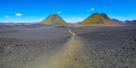 Black volcanic landscape in Katla nature reserve on Laugavegur hiking trail in Iceland. Panorama.