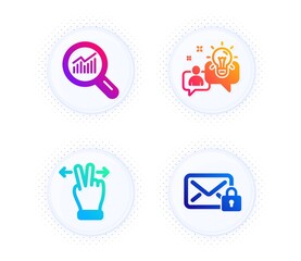 Touchscreen gesture, Data analysis and Idea icons simple set. Button with halftone dots. Secure mail sign. Swipe, Magnifying glass, Solution. Private e-mail. Technology set. Vector