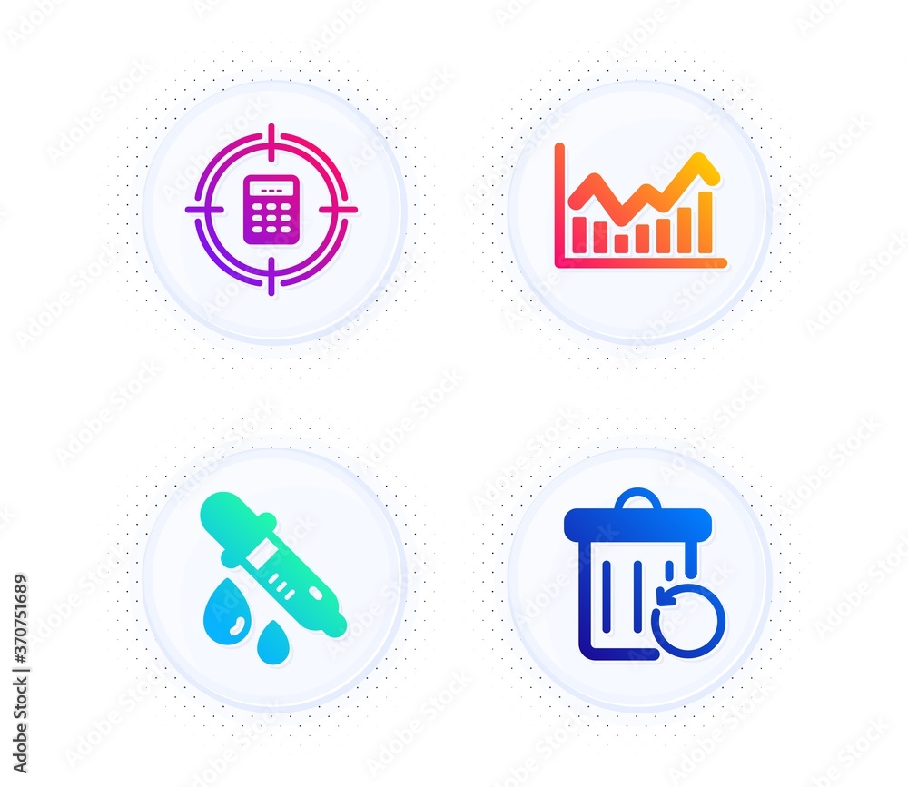 Poster calculator target, chemistry pipette and infochart icons simple set. button with halftone dots. reco