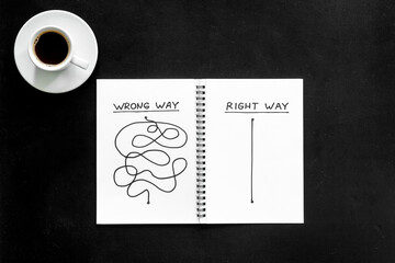 Right way, wrong way illustration. Confused complicated path and straight line