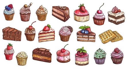 Cakes, cheesecakes and dessert sweets cupcakes sketch, vector icons. Bakery and pastry shop sweet chocolate cakes, hand drawn patisserie sweet dessert cheesecake, tiramisu, brownie and waffles