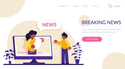 Video news concept. The TV presenter talks about the current news. Man watches a TV show on a monitor screen. Modern flat illustrator.