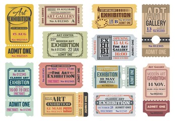 Art gallery, exhibition tickets, admits to event, vector vintage paper coupons templates. Modern art gallery and artist exhibition or classic museum admission tickets with date and control line