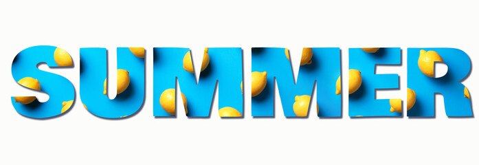 Fototapeta na wymiar Inscription Summer made with lemons on blue paper background. Top view. Food pattern. Text for your design. Summer concept. Vegan and vegetarian diet. Banner