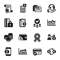 Set of Finance icons, such as Currency exchange, Checklist. Certificate, approved group, save planet. Infographic graph, Buying accessory, Tips. Money diagram, Change card, Calculator. Vector