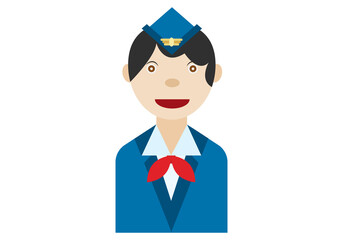 Azafata de uniforme azul en fondo blanco.