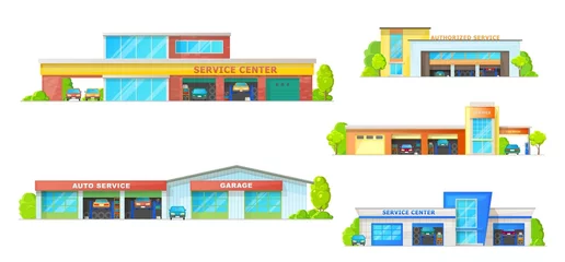Fotobehang Car service building vector icons with auto repair shop, mechanic garage or workshop, car wash station and spare parts store. Automobile vehicle centers with doors, wheel tyres and lifting platforms © Vector Tradition