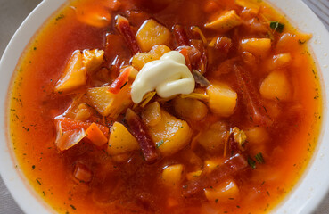 Borshch, traditional Russian and Ukrainian soup close-up.