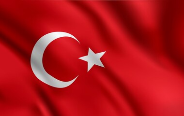 Turkish flag, Turkey country national identity, vector design white moon and star on red waving background. Foreign language learning, international business, travel symbol realistic 3d Turkey flag