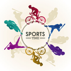 sports time poster with athletes silhouettes in circular frame