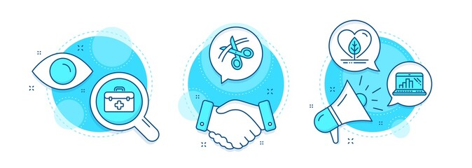 Local grown, Graph laptop and First aid line icons set. Handshake deal, research and promotion complex icons. Scissors sign. Organic tested, Mobile report, Medicine kit. Cutting ribbon. Vector