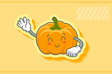 SMILING, HAPPY, RELIEVED Face Emotion. Waving Hand Gesture. Yellow, Orange Pumpkin Fruit Cartoon Drawing Mascot Illustration.