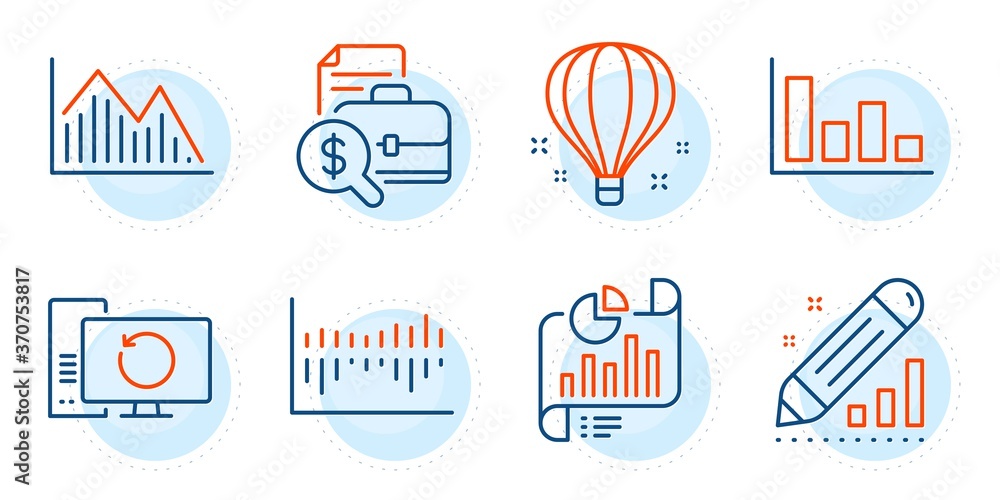 Poster air balloon, edit statistics and column diagram signs. investment graph, accounting report and repor