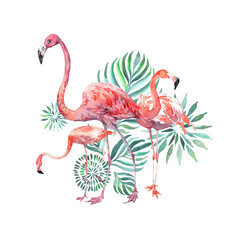 Watercolor clip-art with pink flamingos and palm leaves