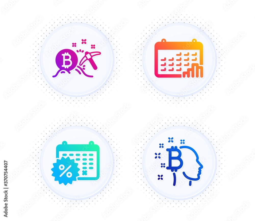 Poster bitcoin mining, calendar discounts and calendar graph icons simple set. button with halftone dots. b
