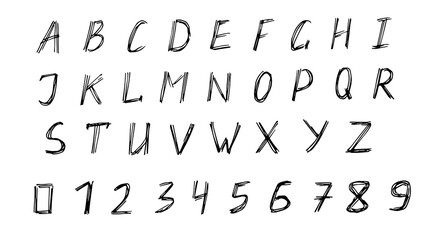Handwritten uppercase
letters of the English alphabet, numbers, Latin. Hatching, doodles, ink sketch. Vector illustration, set.