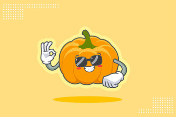 RELAXED, GLASSES, COOL Face Emotion. Nice Hand Gesture. Yellow, Orange Pumpkin Fruit Cartoon Drawing Mascot Illustration.