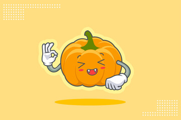 LAUGHING, HAPPY, FUN, cheerful Face Emotion. Nice Hand Gesture. Yellow, Orange Pumpkin Fruit Cartoon Drawing Mascot Illustration.