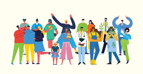 Fototapeta premium Vector illustration in a flat style of group of different activities of people