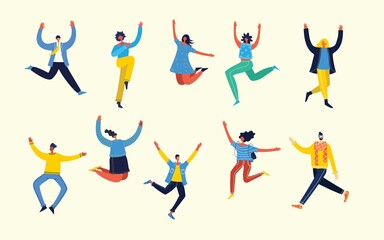 Enjoy your life. Concept of young people jumping on blue background and enjoing life in the flat design