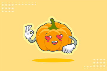 LOVELY, HAPPY, LOVING IN LOVE, HEART EYE Face Emotion. Nice Hand Gesture. Yellow, Orange Pumpkin Fruit Cartoon Drawing Mascot Illustration.