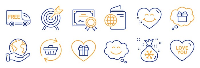 Set of Holidays icons, such as Refresh cart, Smile chat. Certificate, save planet. Romantic gift, Free delivery, Santa sack. Travel passport, Love you, Smile face. Vector