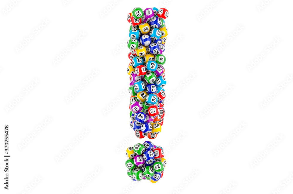Poster exclamation point from colored lottery balls. 3d rendering