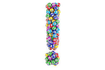 Exclamation point from colored lottery balls. 3D rendering