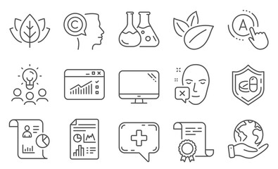 Set of Science icons, such as Medical chat, Report document. Diploma, ideas, save planet. Web traffic, Medical tablet, Report. Organic product, Ab testing, Chemistry lab. Vector
