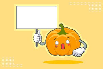 SPACED OUT, SURPRISED, SHOCKED Face Emotion. Holding Whiteboard Hand Gesture. Yellow, Orange Pumpkin Fruit Cartoon Drawing Mascot Illustration.