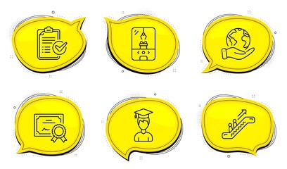 Crane claw machine sign. Diploma certificate, save planet chat bubbles. Student, Escalator and Survey checklist line icons set. Graduation cap, Elevator, Report. Attraction park. Business set. Vector
