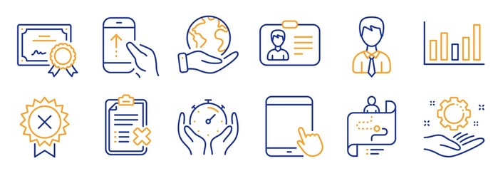 Set of Business icons, such as Employee hand, Journey path. Certificate, save planet. Column chart, Timer, Identification card. Businessman, Reject checklist, Swipe up. Vector