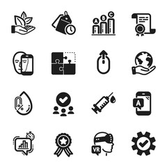 Set of Science icons, such as Puzzle, Ab testing. Certificate, approved group, save planet. Swipe up, Face biometrics, Organic product. No alcohol, Medical syringe, Service. Vector