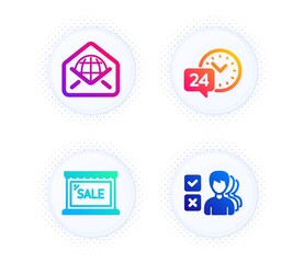 Sale, 24h service and Web mail icons simple set. Button with halftone dots. Opinion sign. Shopping store, Call support, World communication. Choose answer. Business set. Vector