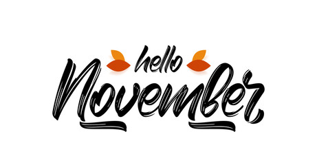 Vector handwritten type lettering of Hello November with fall leaves. © deniskrivoy