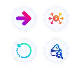 Next, Recovery data and Dollar exchange icons simple set. Button with halftone dots. Collagen skin sign. Forward, Backup info, Payment. Skin care. Business set. Gradient flat next icon. Vector