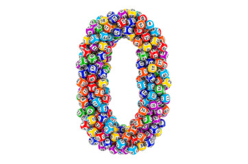 Number 0, from colored lottery balls, 3D rendering