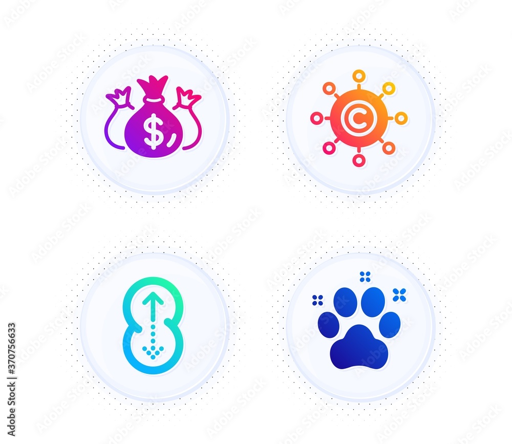 Poster copywriting network, check investment and swipe up icons simple set. button with halftone dots. pet 