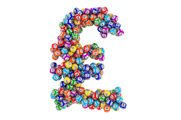 Pound sterling sign from colored lottery balls. 3D rendering