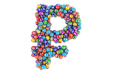 Ruble sign from colored lottery balls. 3D rendering