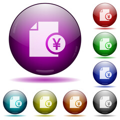 Yen financial report icon in glass sphere buttons